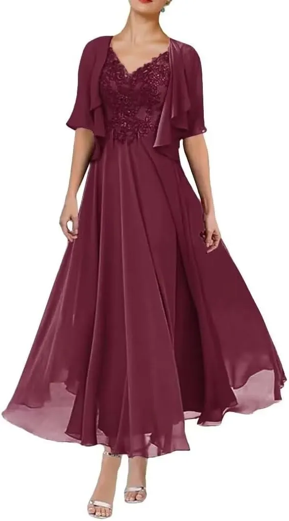 2 Piece Applique Mother of The Bride Dress Chiffon Lace Formal Evening Gown for Women with Ruffles Pockets Jacket