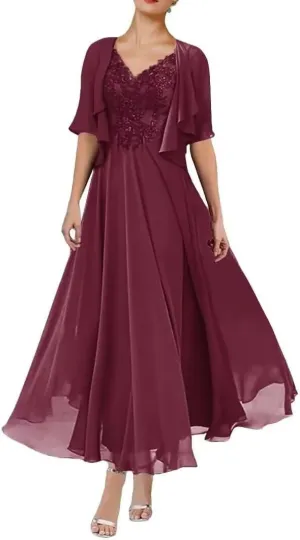 2 Piece Applique Mother of The Bride Dress Chiffon Lace Formal Evening Gown for Women with Ruffles Pockets Jacket