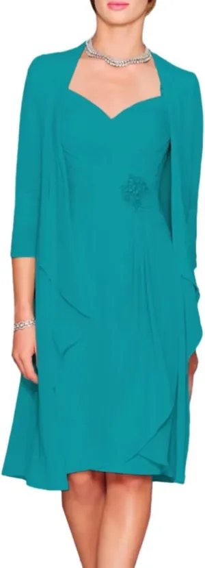 2 Pieces Mother of The Bride Dresses with Jacket 3/4 Sleeve Chiffon Lace Appliques Tea Length Formal Evening Gowns