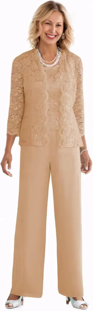 3 Pieces Mother of The Bride Pant Suits with Jacket Sequin Lace Chiffon Formal Evening Party Outfit Dressy Pantsuits