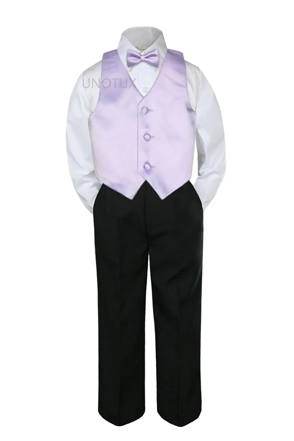 4pc Formal Baby Teen Boy Lilac Vest Bow Tie Set Black Pants Suits S-7 (4T)