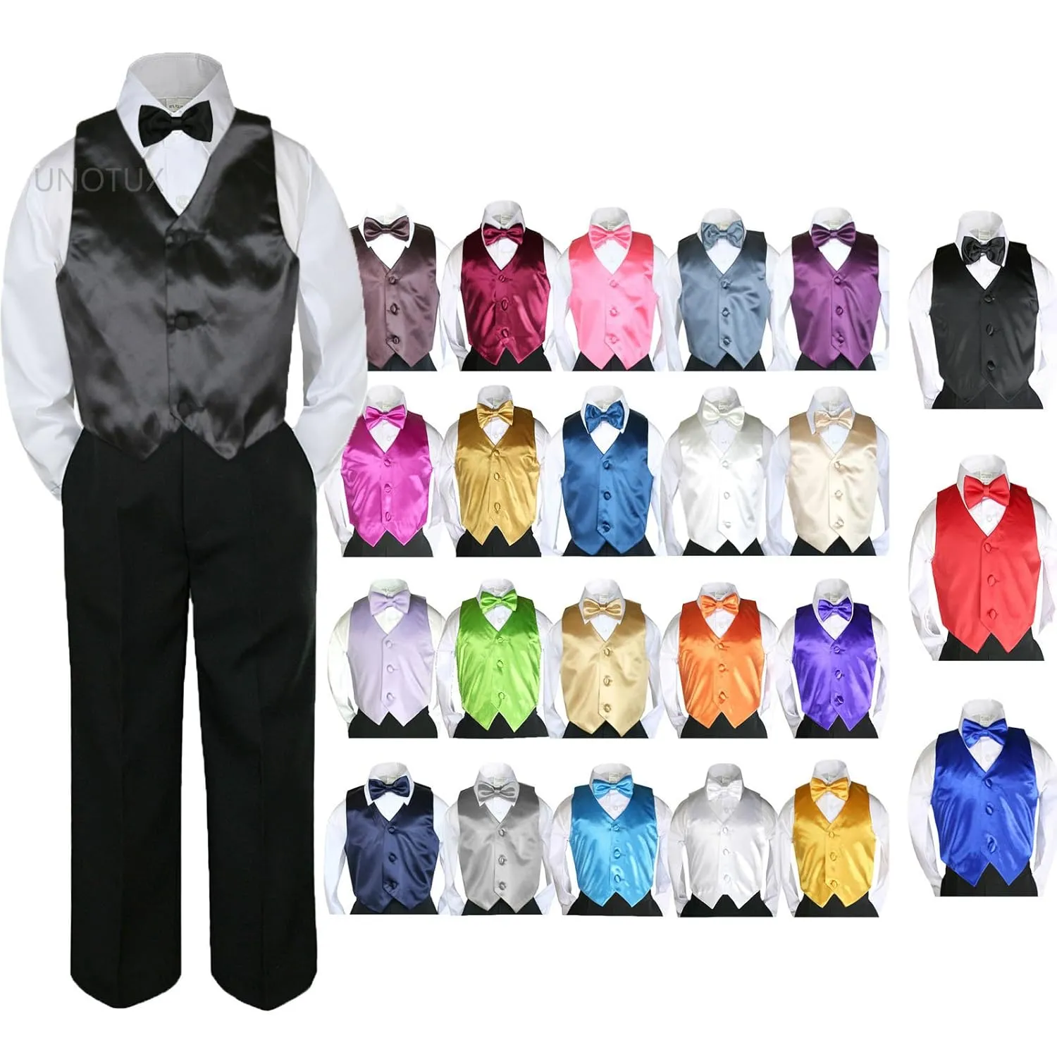 4pc Formal Baby Teen Boy Lilac Vest Bow Tie Set Black Pants Suits S-7 (4T)