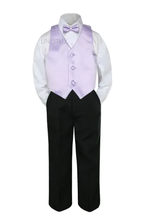 4pc Formal Baby Teen Boy Lilac Vest Bow Tie Set Black Pants Suits S-7 (4T)
