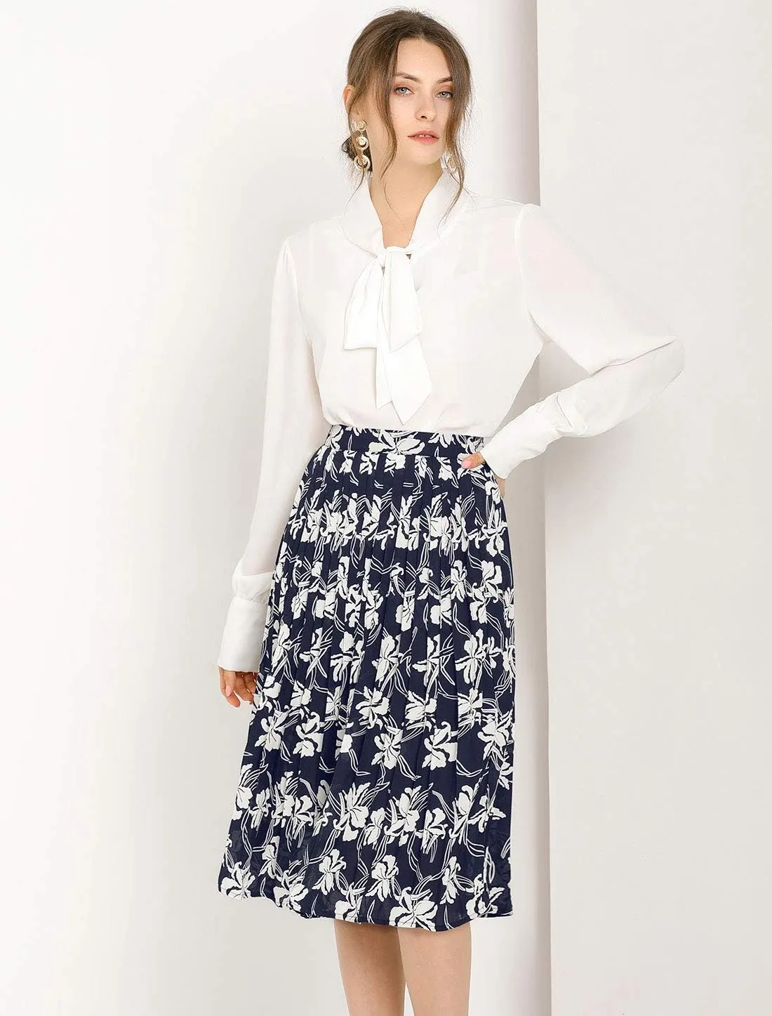 Allegra K Women's Office Work Floral Print Elastic Waist Pleated Flare Midi Skirt