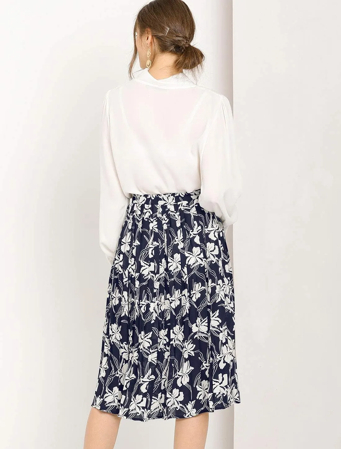 Allegra K Women's Office Work Floral Print Elastic Waist Pleated Flare Midi Skirt