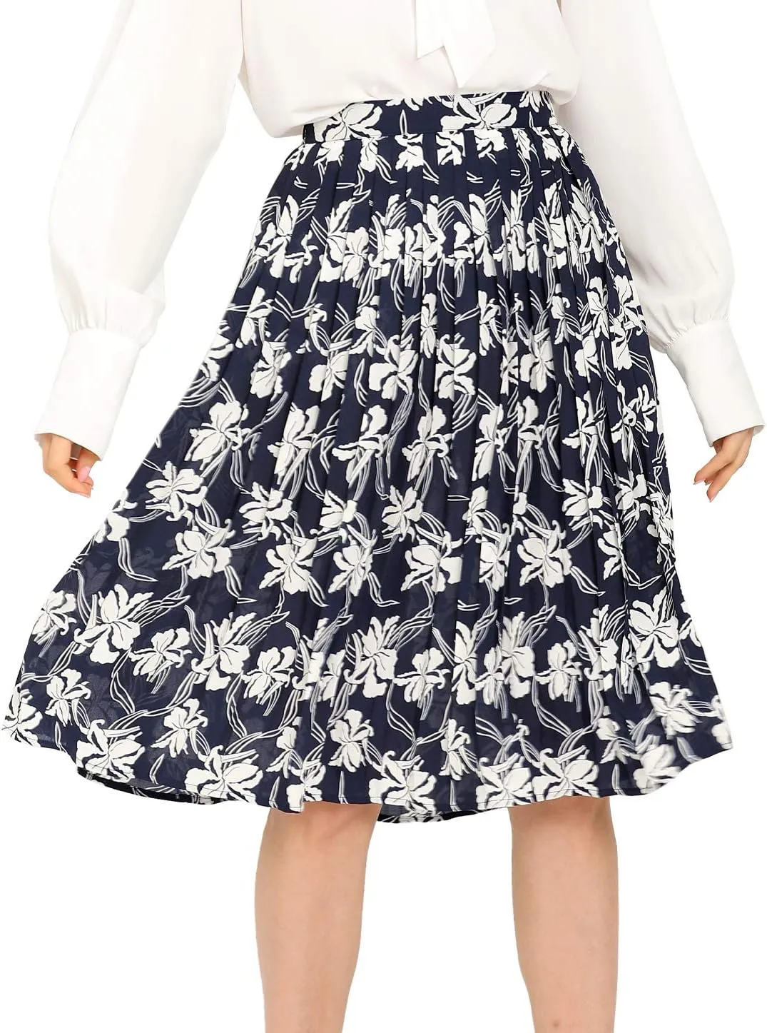 Allegra K Women's Office Work Floral Print Elastic Waist Pleated Flare Midi Skirt