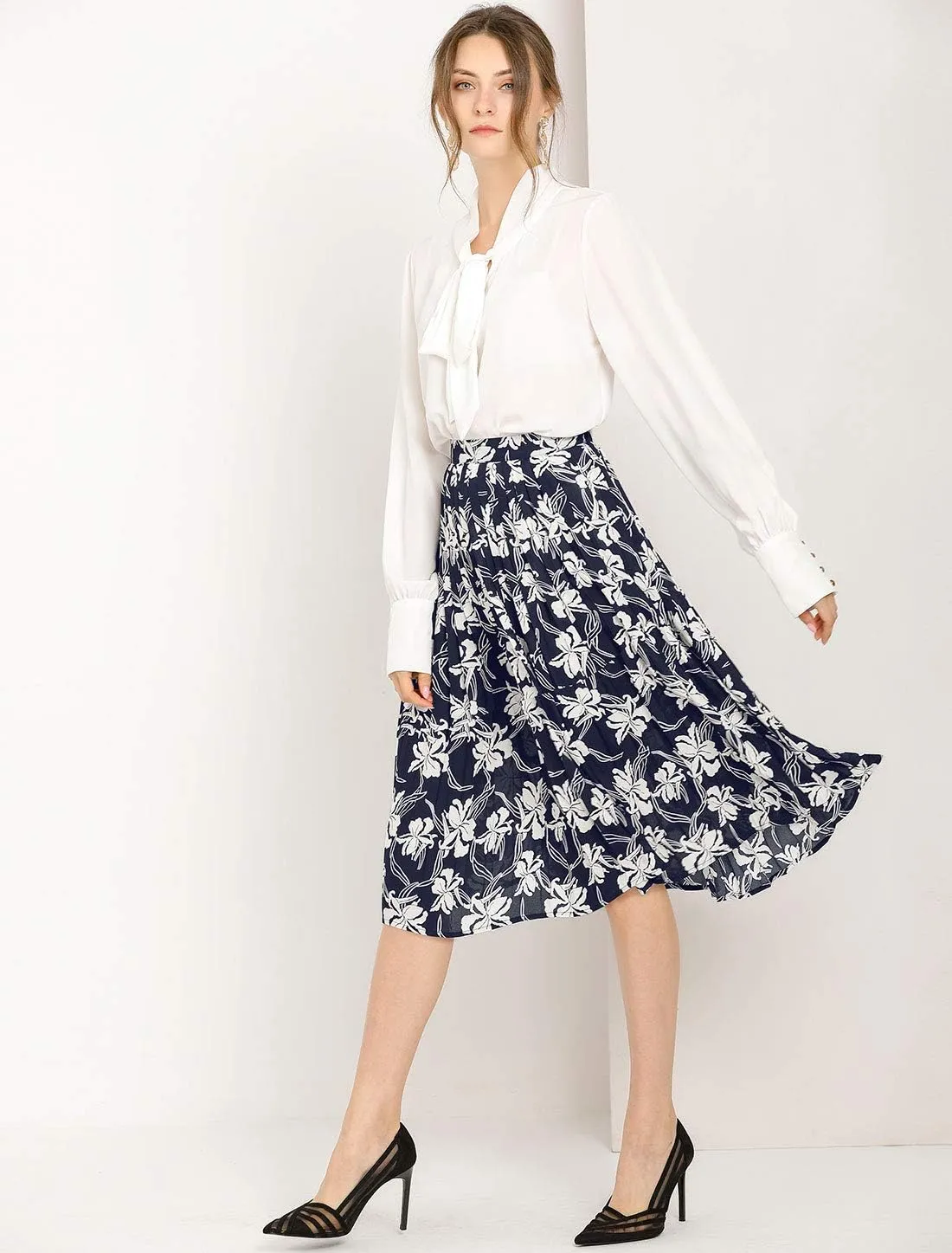 Allegra K Women's Office Work Floral Print Elastic Waist Pleated Flare Midi Skirt