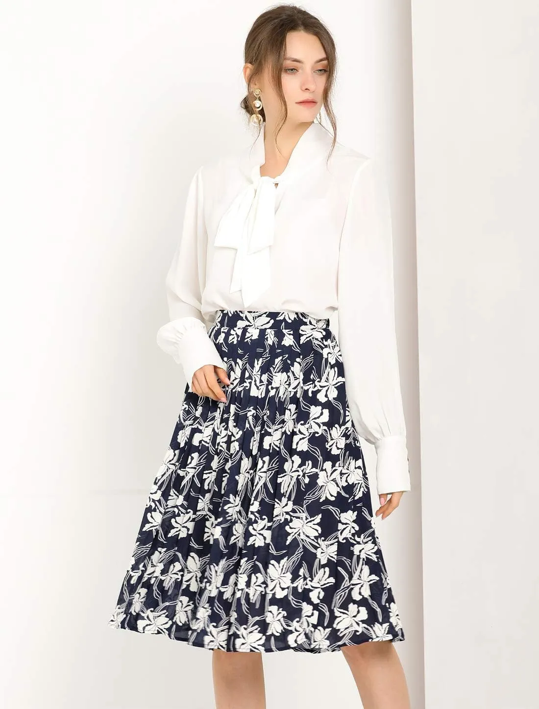 Allegra K Women's Office Work Floral Print Elastic Waist Pleated Flare Midi Skirt