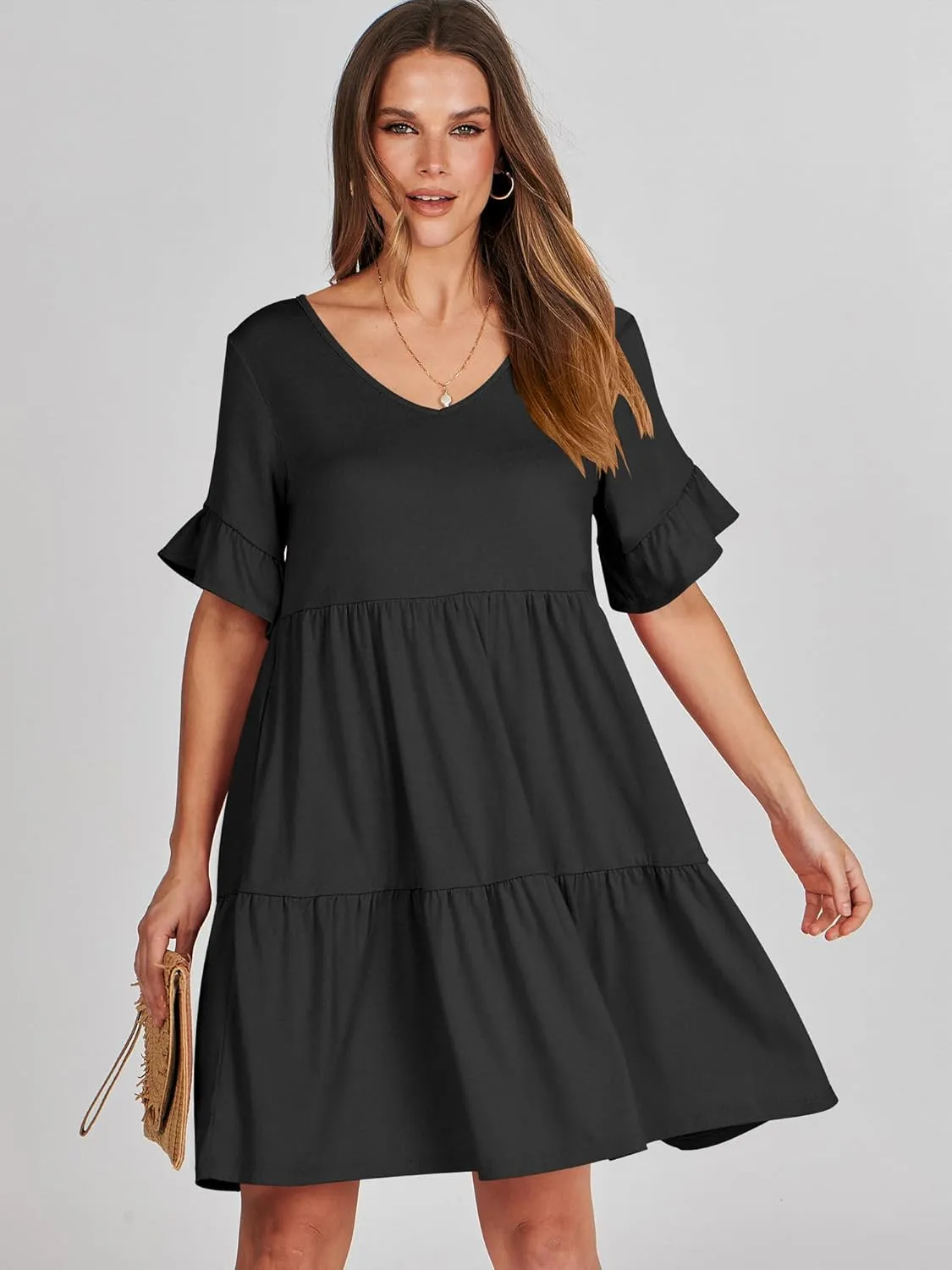 ANRABESS Dresses for Women Summer 2025 V Neck Ruffle Sleeve A Line Tiered Flowy Casual Trendy Mini Beach Dress with Pockets