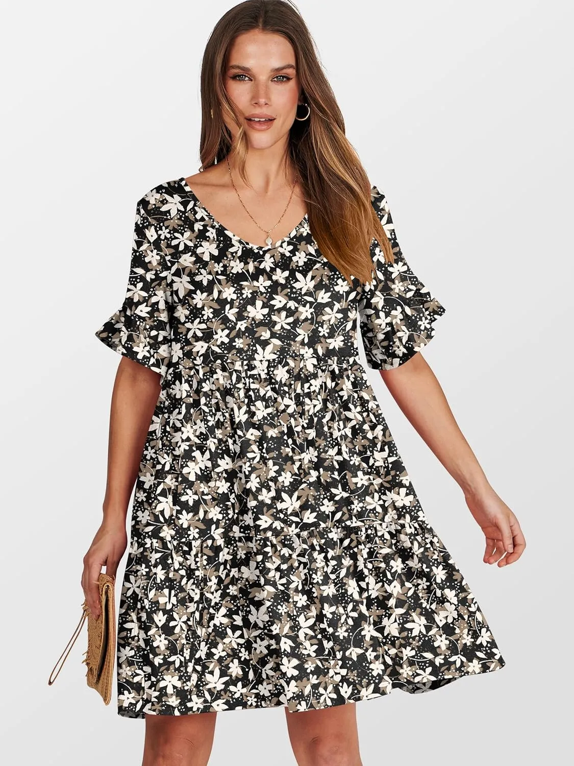 ANRABESS Dresses for Women Summer 2025 V Neck Ruffle Sleeve A Line Tiered Flowy Casual Trendy Mini Beach Dress with Pockets