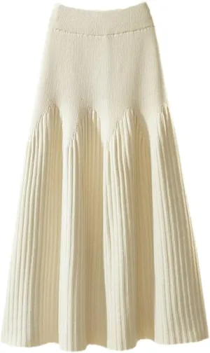 Autumn Winter Knitted Skirt Women Casual Solid All-Match A Line High Waist Pleated Midi Long Skirt