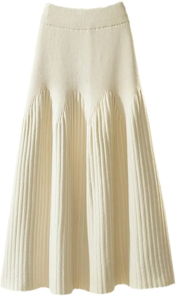 Autumn Winter Knitted Skirt Women Casual Solid All-Match A Line High Waist Pleated Midi Long Skirt