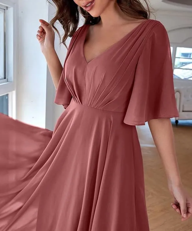 Batwing Sleeve Bridesmaid Dresses for Women Long Chiffon Wedding Guest V Neck Pleated Formal Evening Dress LVY027