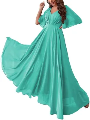 Batwing Sleeve Bridesmaid Dresses for Women Long Chiffon Wedding Guest V Neck Pleated Formal Evening Dress LVY027