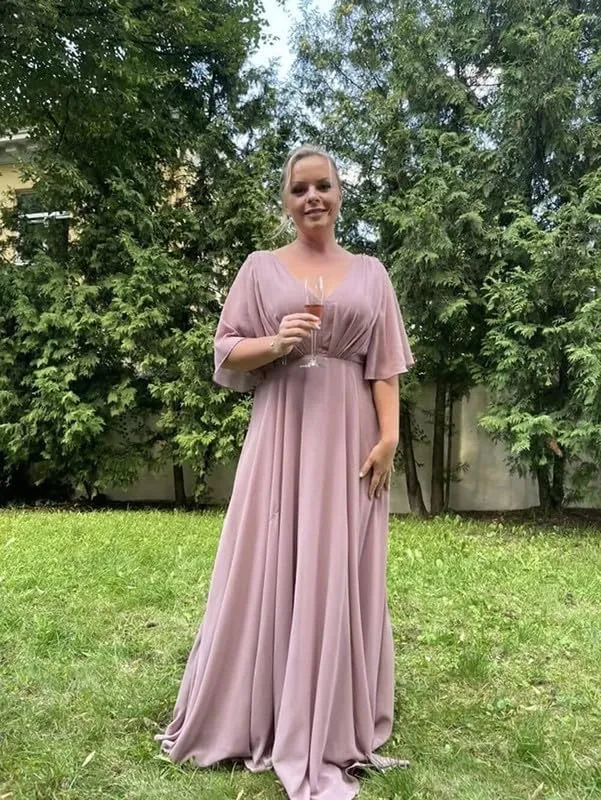 Batwing Sleeve Bridesmaid Dresses for Women Long Chiffon Wedding Guest V Neck Pleated Formal Evening Dress LVY027