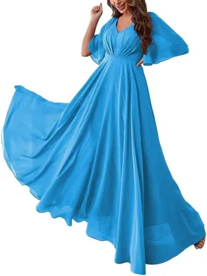 Batwing Sleeve Bridesmaid Dresses for Women Long Chiffon Wedding Guest V Neck Pleated Formal Evening Dress LVY027