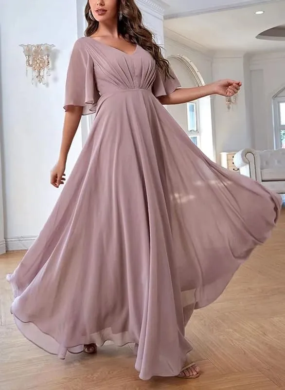 Batwing Sleeve Bridesmaid Dresses for Women Long Chiffon Wedding Guest V Neck Pleated Formal Evening Dress LVY027