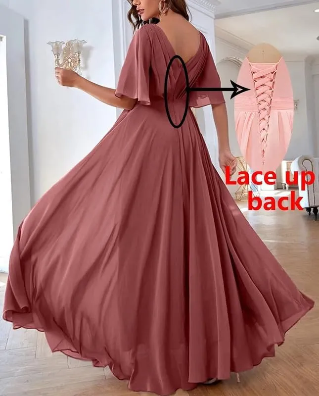Batwing Sleeve Bridesmaid Dresses for Women Long Chiffon Wedding Guest V Neck Pleated Formal Evening Dress LVY027