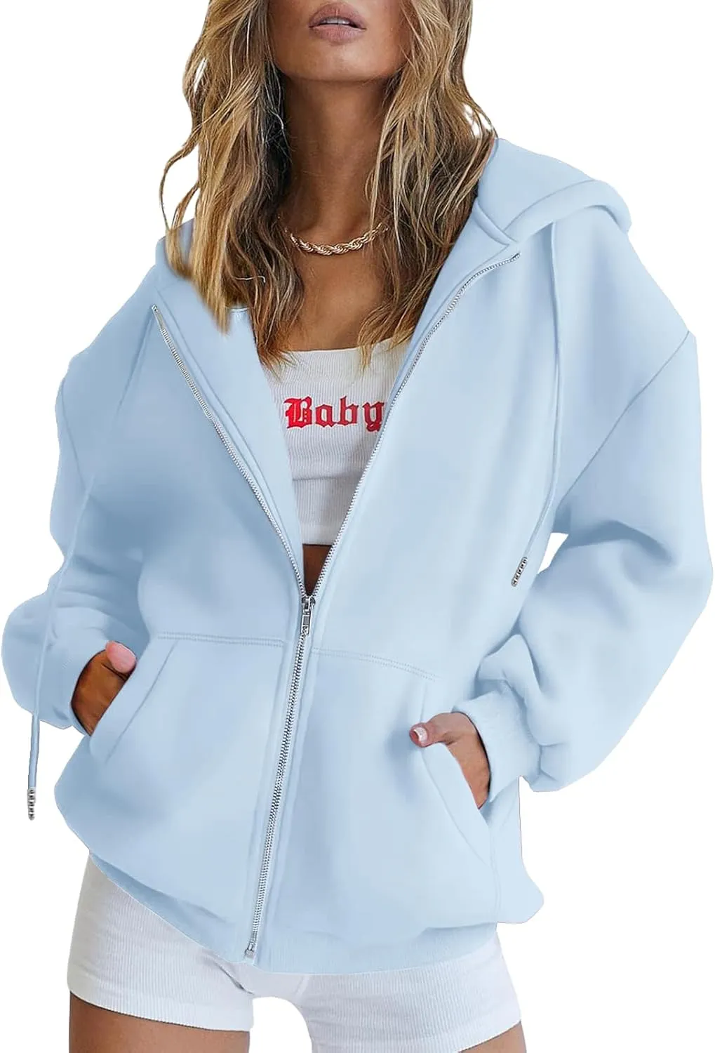 Bobeutou Womens Zip Up Y2K Hoodies Long Sleeve Fall Oversized Casual Drawstring Drop Shoulder Sweatshirts Jacket with Pocket