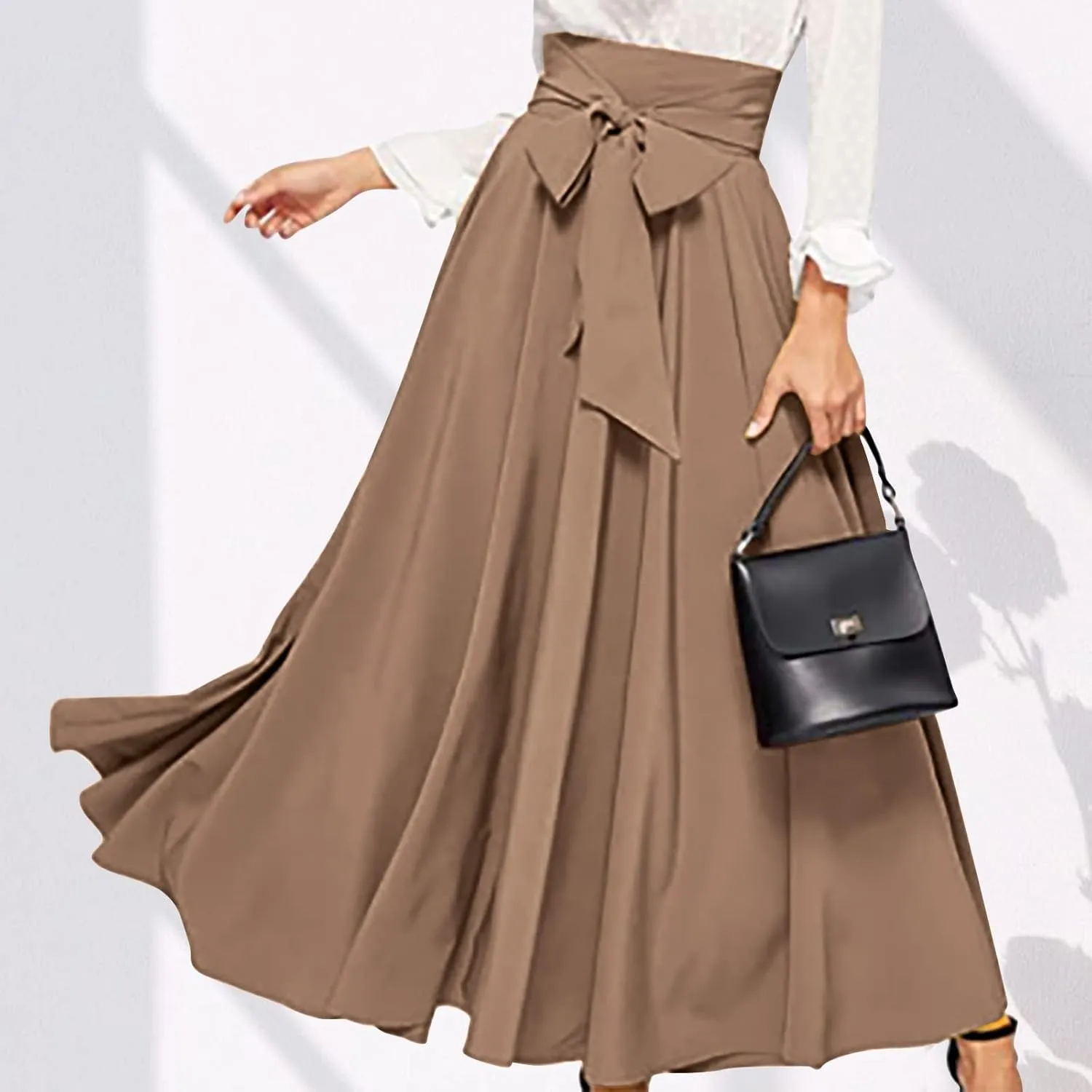 BTDECLAR Women's Elegant Flowy Long Skirts Trendy High Waisted Tie Front Pleated Swing Formal A Line Maxi Skirt Ankle Length