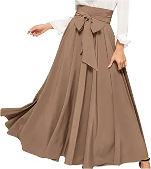 BTDECLAR Women's Elegant Flowy Long Skirts Trendy High Waisted Tie Front Pleated Swing Formal A Line Maxi Skirt Ankle Length
