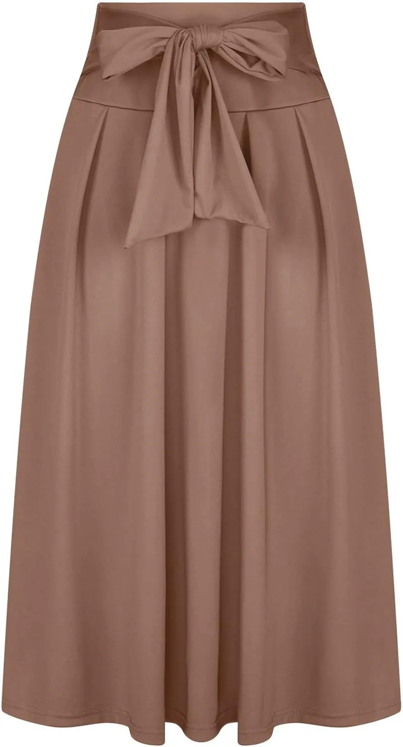 BTDECLAR Women's Elegant Flowy Long Skirts Trendy High Waisted Tie Front Pleated Swing Formal A Line Maxi Skirt Ankle Length