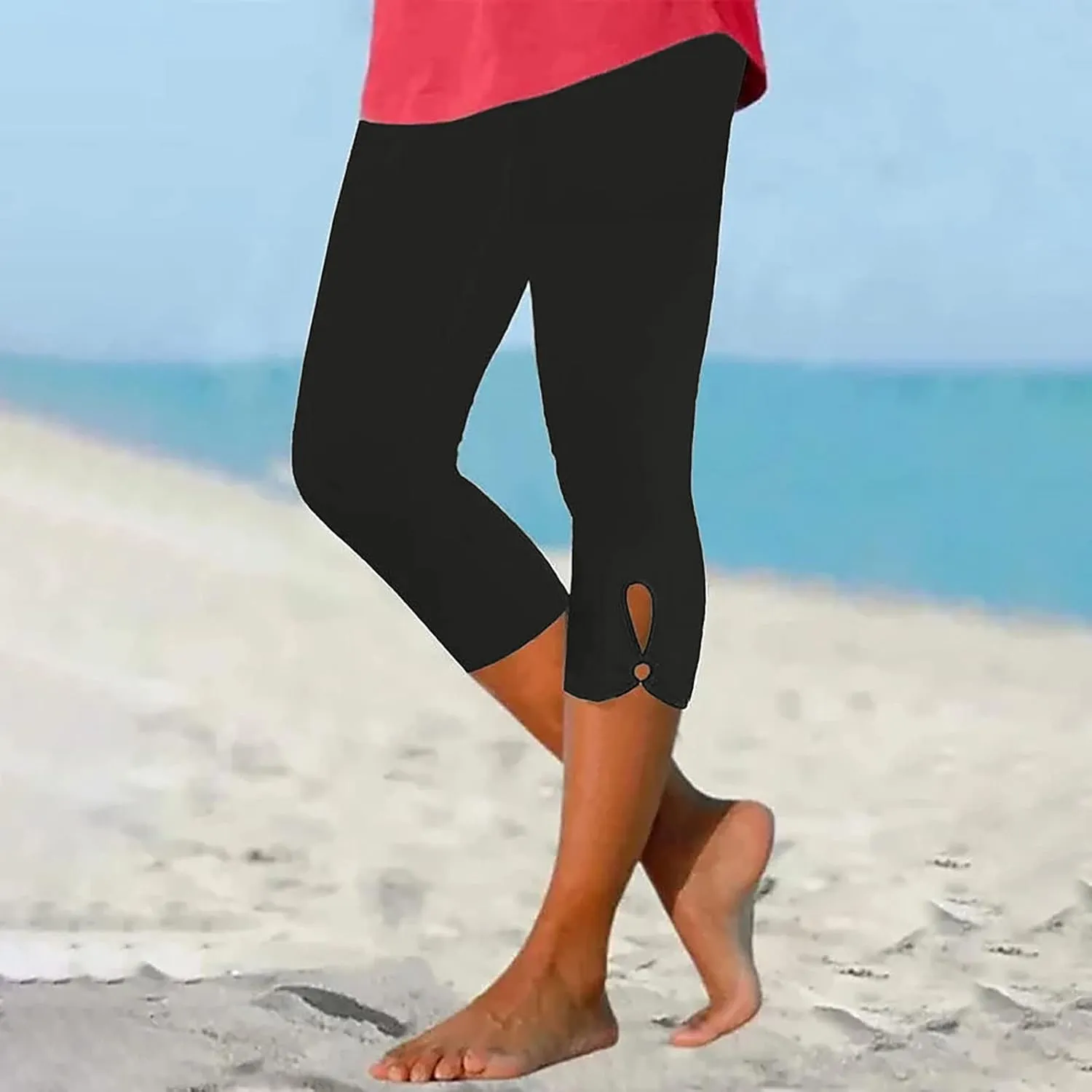 Capri Leggings for Women High Waist Stretch Workout Bottom Cropped Trousers Side Hollow Out Hem Slimming Yoga Pants