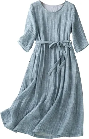 Ceboyel Women Bohemian Cotton Linen Dresses 3/4 Sleeve Maxi Long Dress Plain Classic Dresses Trendy Boho Dresses with Belt