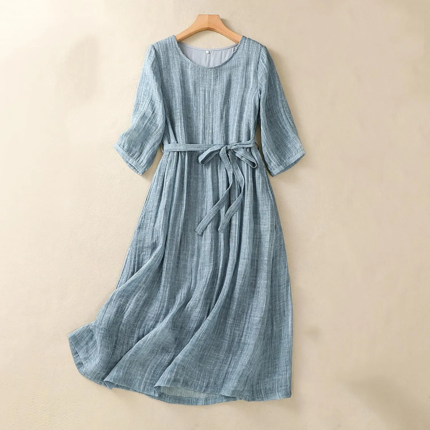 Ceboyel Women Bohemian Cotton Linen Dresses 3/4 Sleeve Maxi Long Dress Plain Classic Dresses Trendy Boho Dresses with Belt