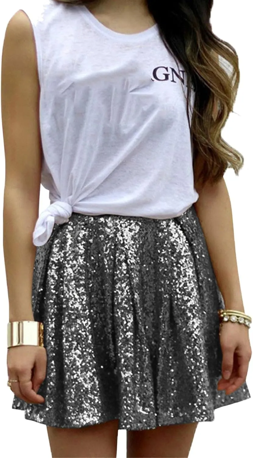 cooki Sequin Skirts for Women, Sexy Sparkly Mini Pleated Skirt Womens Glitter High Waist Short Skirt for Holiday Party