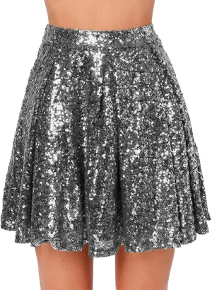 cooki Sequin Skirts for Women, Sexy Sparkly Mini Pleated Skirt Womens Glitter High Waist Short Skirt for Holiday Party
