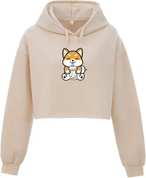 Cute Womens Kawaii Dog Milk Tea Graphic Cropped Hoodie Printed Crop Sweatshirt for Girl Cotton Animal Hoodies