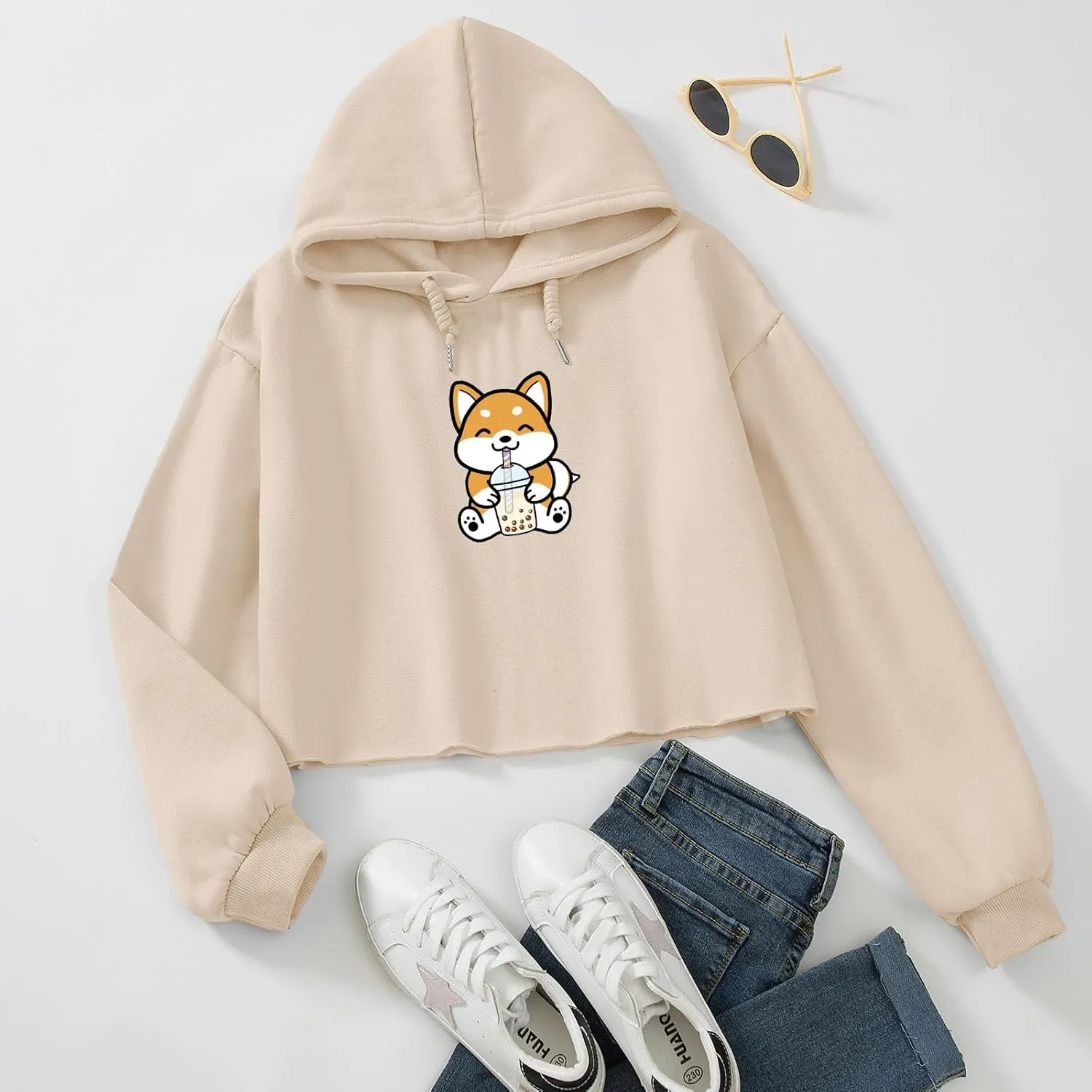 Cute Womens Kawaii Dog Milk Tea Graphic Cropped Hoodie Printed Crop Sweatshirt for Girl Cotton Animal Hoodies