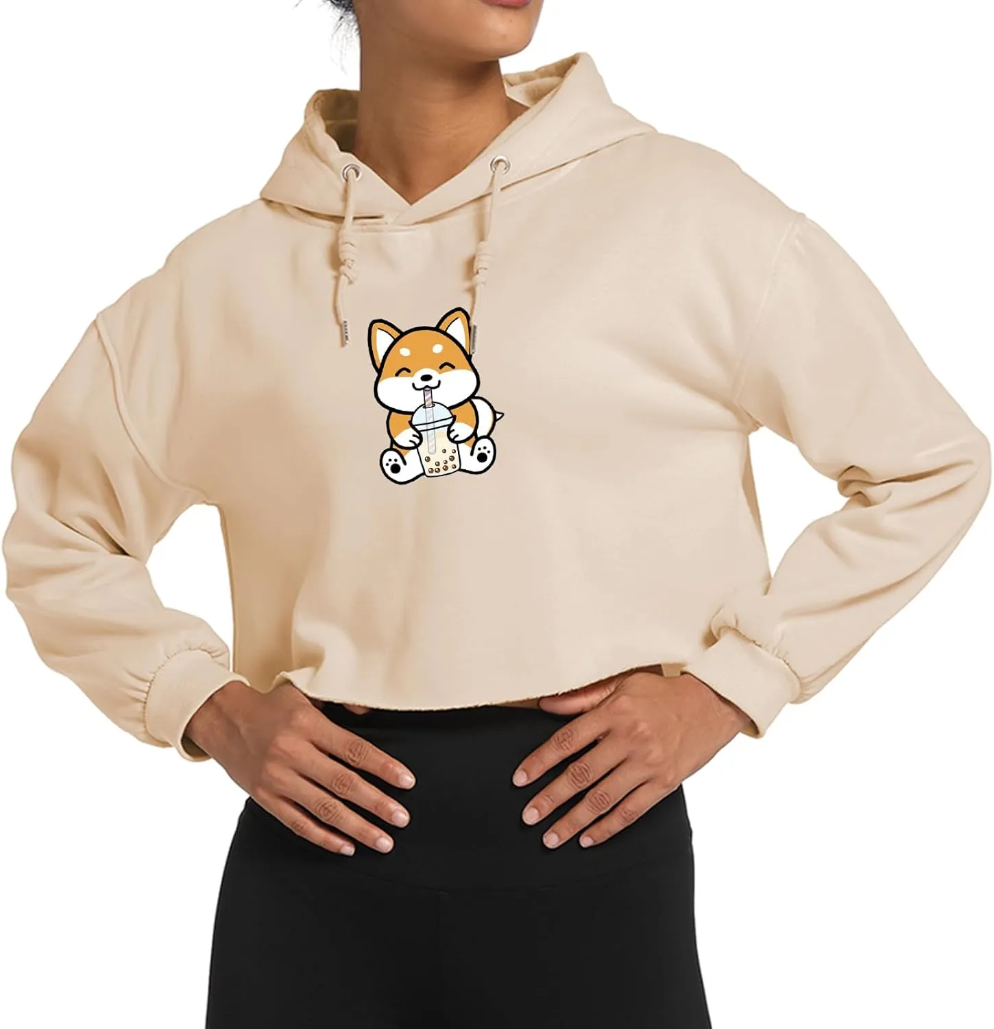 Cute Womens Kawaii Dog Milk Tea Graphic Cropped Hoodie Printed Crop Sweatshirt for Girl Cotton Animal Hoodies