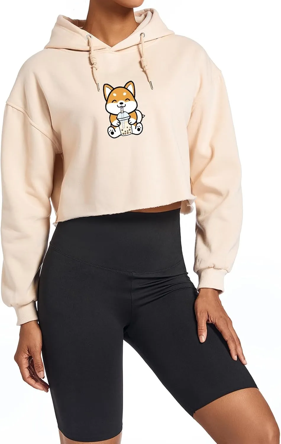Cute Womens Kawaii Dog Milk Tea Graphic Cropped Hoodie Printed Crop Sweatshirt for Girl Cotton Animal Hoodies