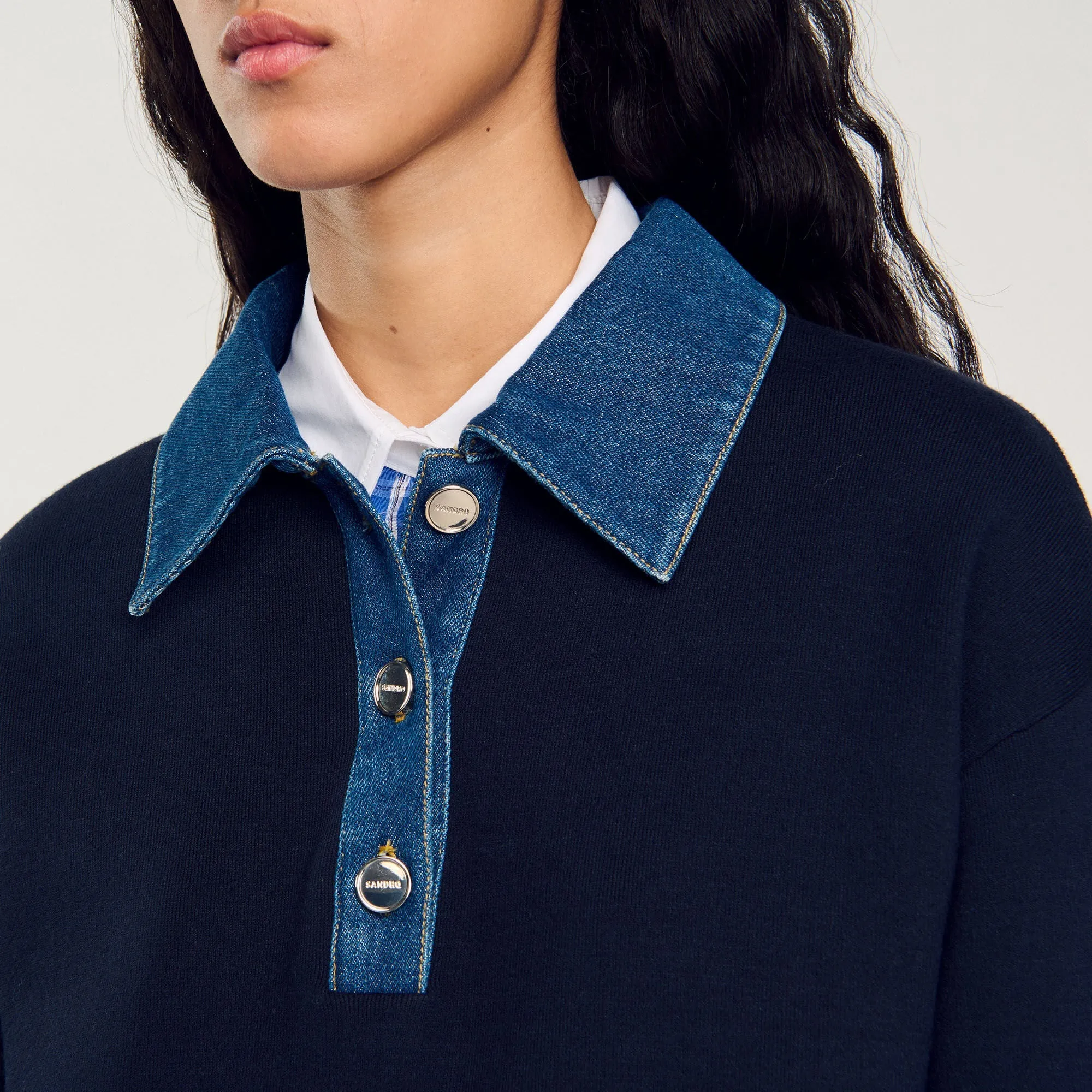 Damien Jumper With Denim Collar Navy Blue