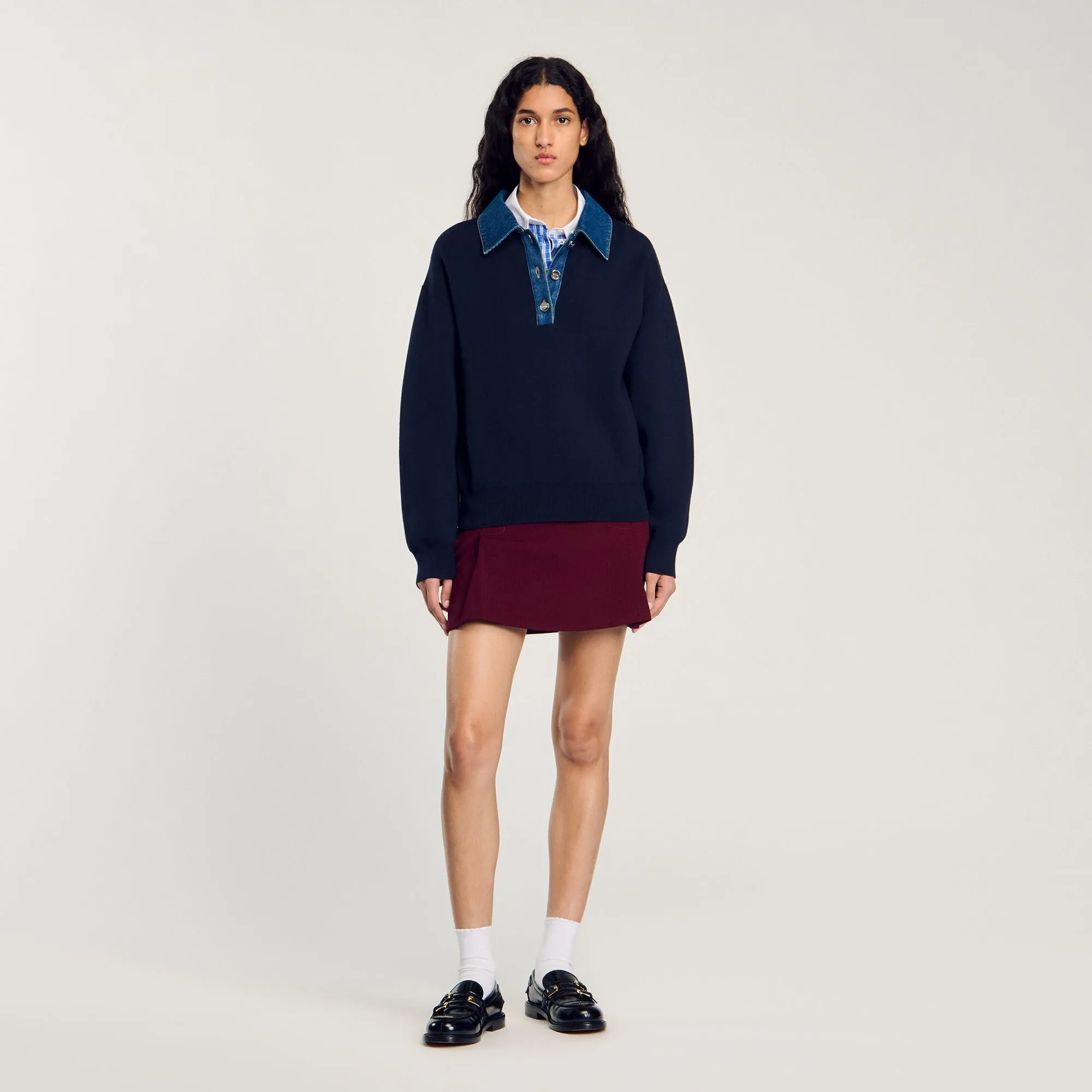Damien Jumper With Denim Collar Navy Blue