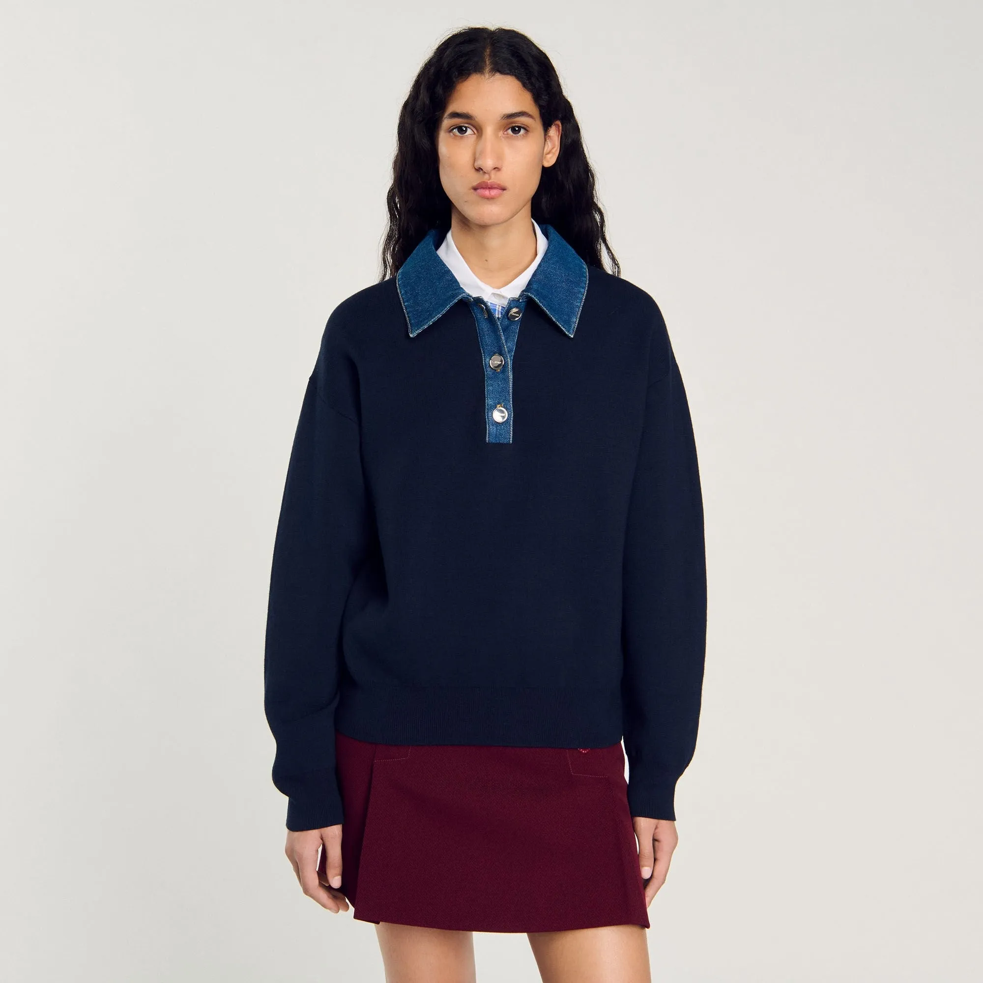 Damien Jumper With Denim Collar Navy Blue