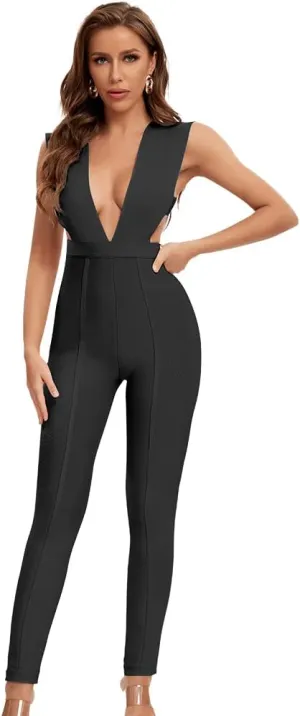 Deep V Neck Sexy Rayon Clubware Bandage Jumpsuit Bodycon Romper Pants