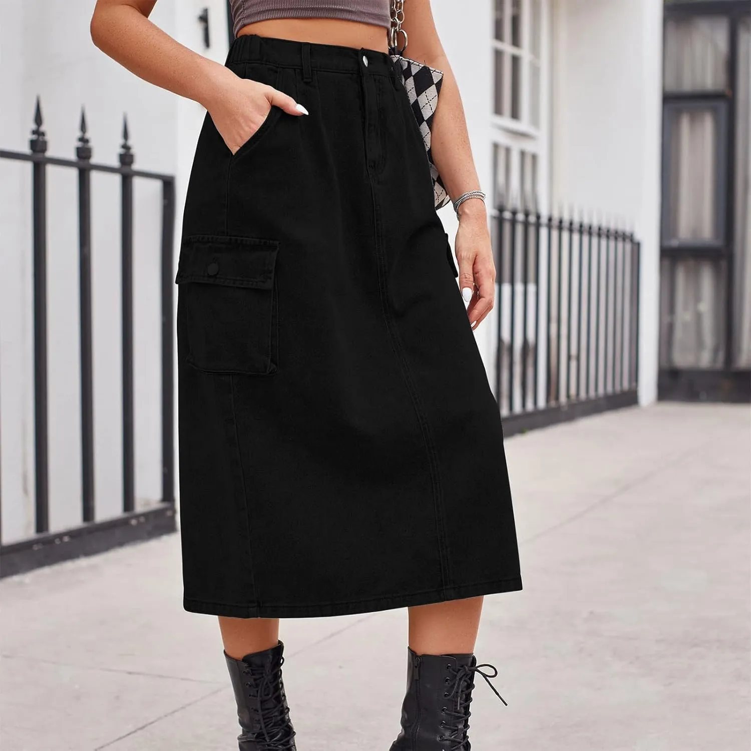 Denim Skirt for Women Solid Cowgirl Midi Cargo Y2k Casual Jean Skirt with Pockets Summer Mid-Length Skirt Office Work