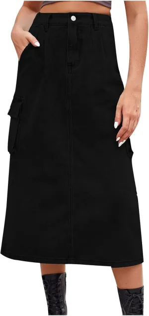 Denim Skirt for Women Solid Cowgirl Midi Cargo Y2k Casual Jean Skirt with Pockets Summer Mid-Length Skirt Office Work