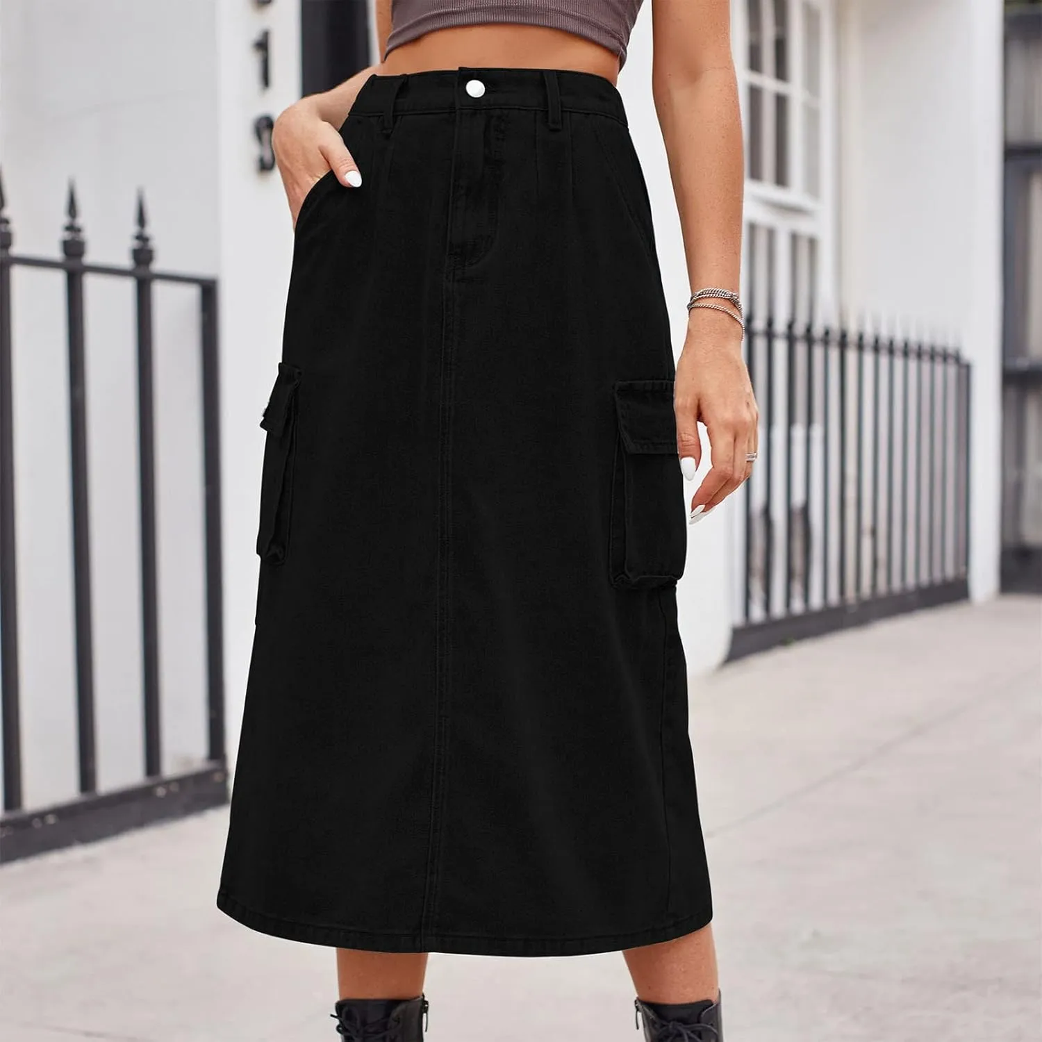 Denim Skirt for Women Solid Cowgirl Midi Cargo Y2k Casual Jean Skirt with Pockets Summer Mid-Length Skirt Office Work