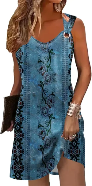 Disamer Summer Dresses for Women 2024 Sleeveless Beach Sundress Swimsuit Cover Ups Swing Casual Loose Tank Tshirt Dress, X-Large, Flower14