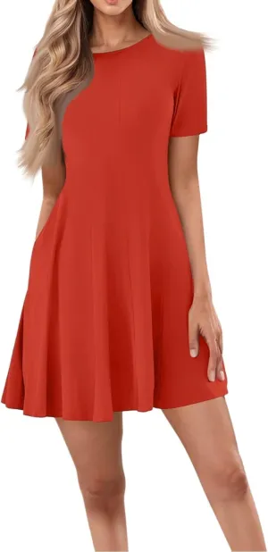 Dresses for Women 2025, Summer Empire Waist Dress Mini Short Sleeve Ruched Crew Neck Vacation Dresses with Pockets