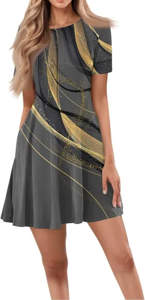Dresses for Women 2025, Summer Empire Waist Dress Mini Short Sleeve Ruched Crew Neck Vacation Dresses with Pockets