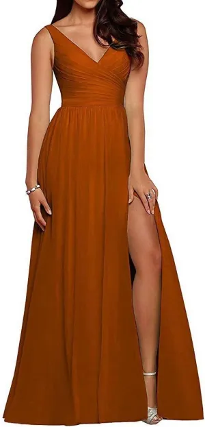 EEFZL Women's V Neck Slit Bridesmaid Dresses Long Chiffon Pleated Evening Prom Graduation Gowns for Juniors
