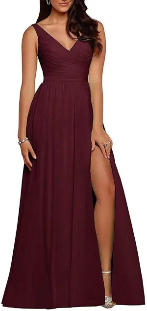 EEFZL Women's V Neck Slit Bridesmaid Dresses Long Chiffon Pleated Evening Prom Graduation Gowns for Juniors