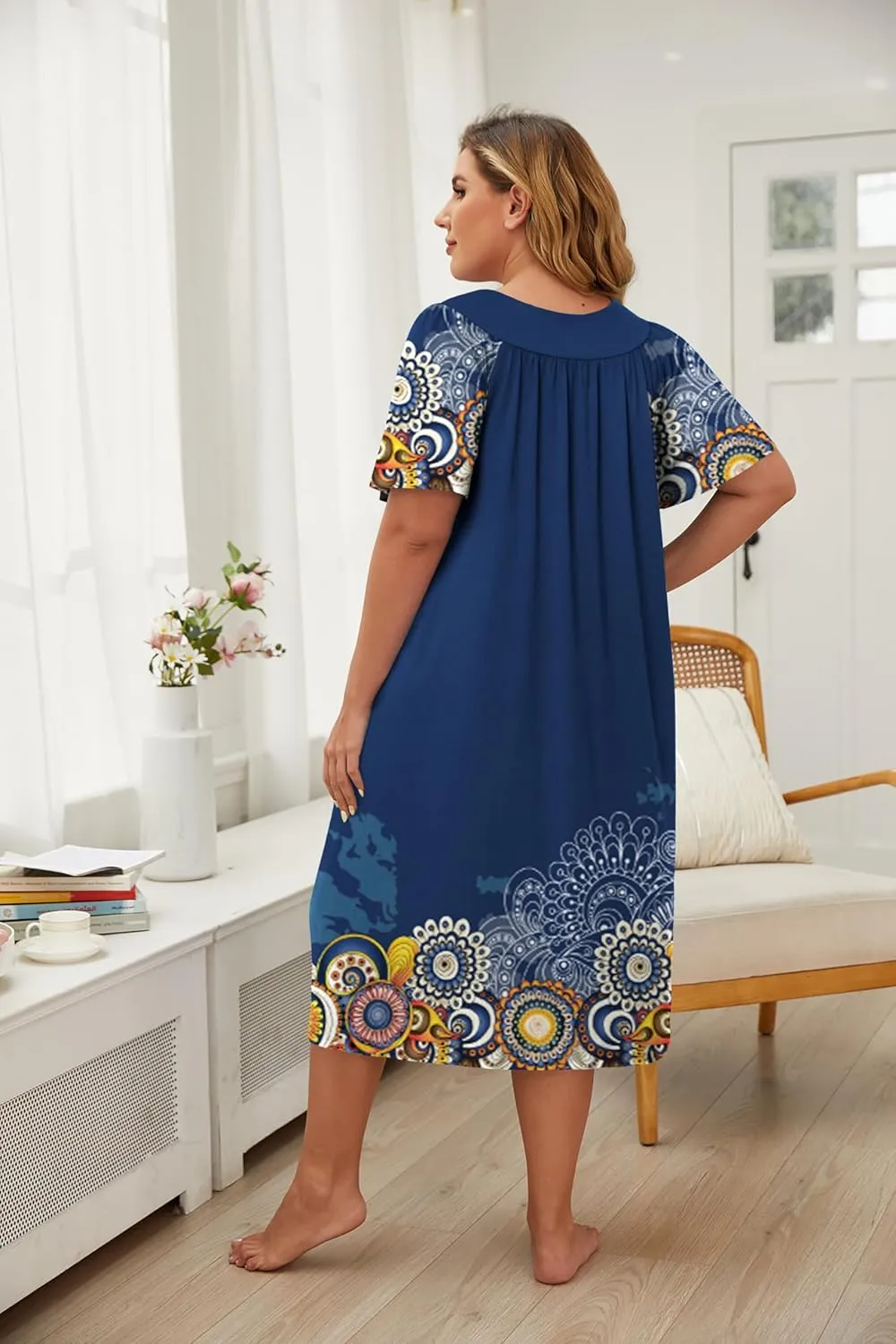 Ekouaer Plus Women's Plus Size Mumu Dress Short Sleeve House Dress Momo Sleepdress with Pockets