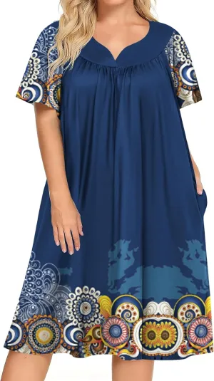 Ekouaer Plus Women's Plus Size Mumu Dress Short Sleeve House Dress Momo Sleepdress with Pockets