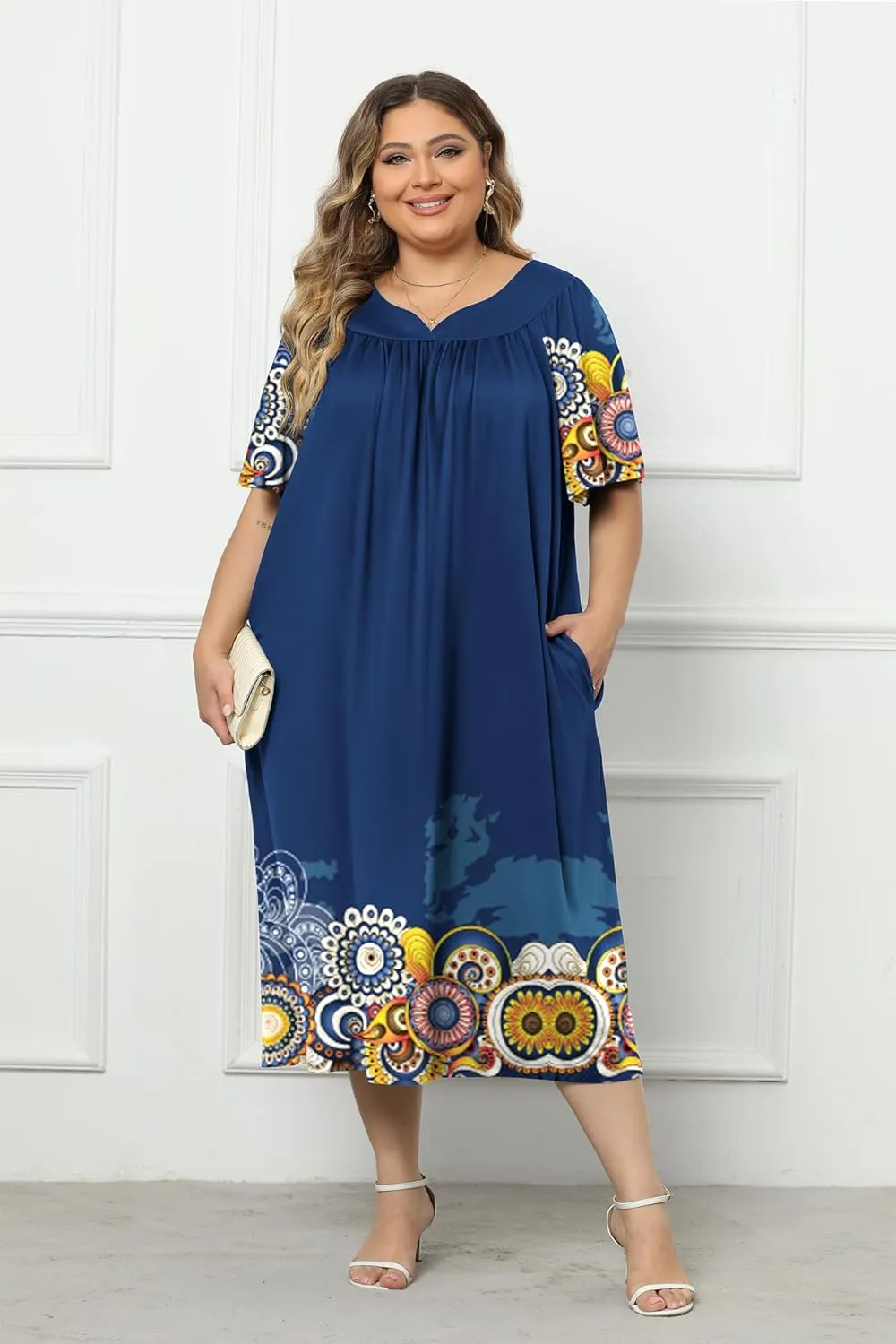 Ekouaer Plus Women's Plus Size Mumu Dress Short Sleeve House Dress Momo Sleepdress with Pockets